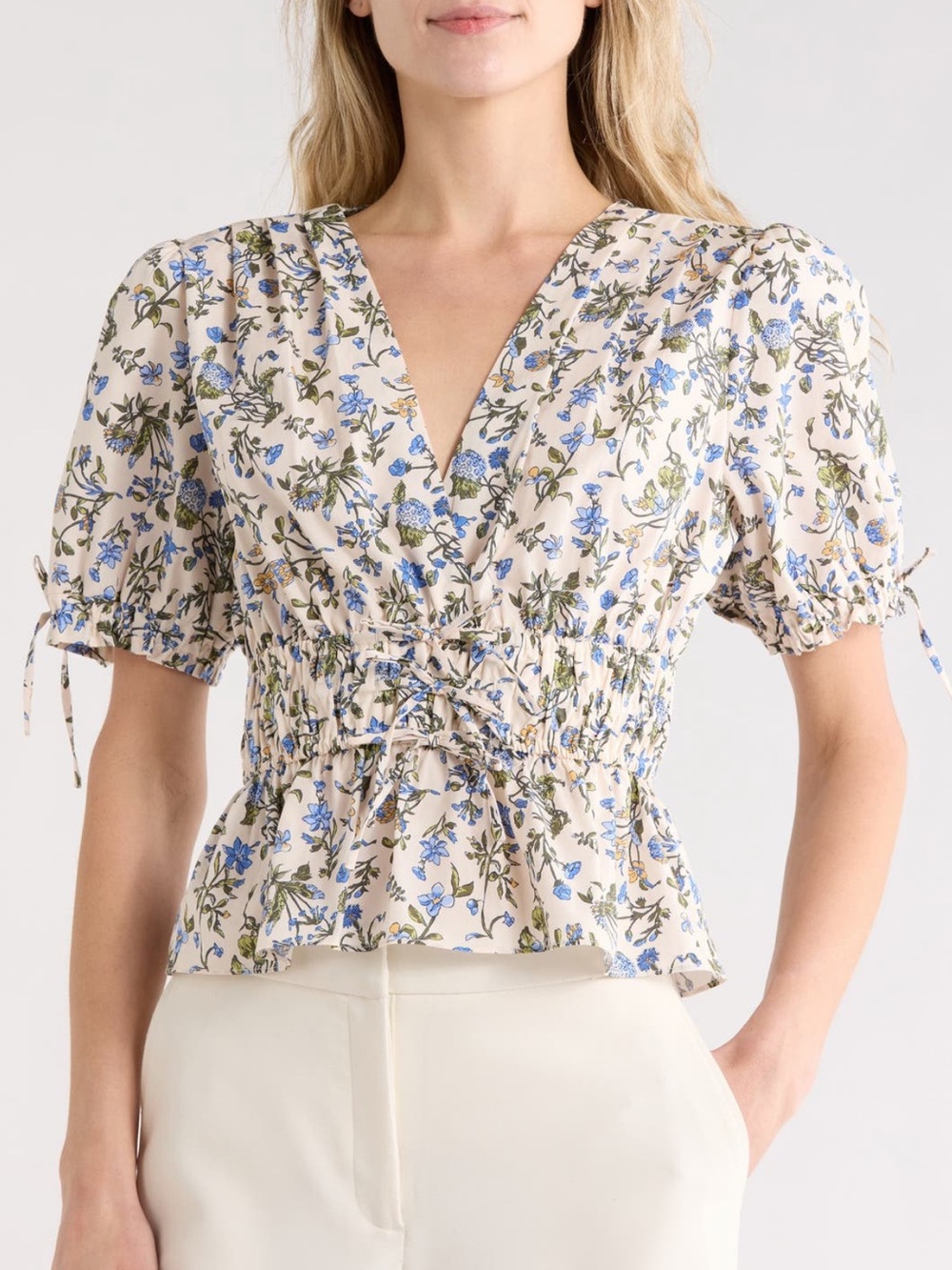 NWT DEREK LAM 10 CROSBY size Medium Rhea V neck puff sleeve top